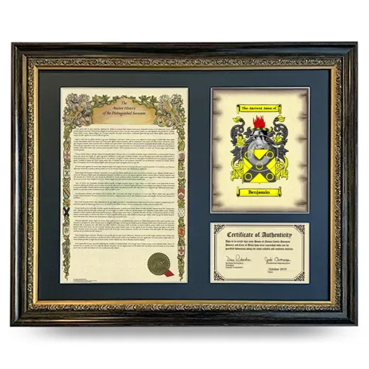 Benjamin Framed Surname History and Coat of Arms- Heirloom