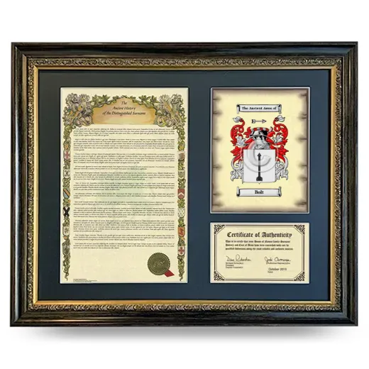 Bolt Framed Surname History and Coat of Arms- Heirloom