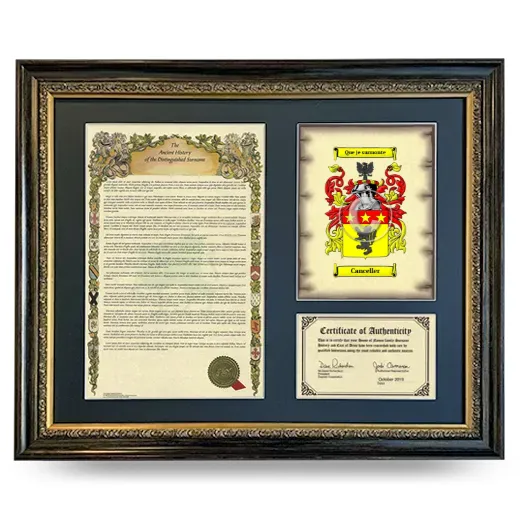 Canceller Framed Surname History and Coat of Arms- Heirloom