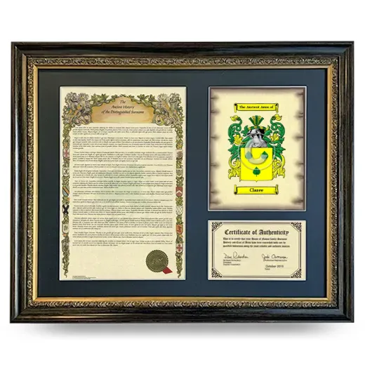 Claree Framed Surname History and Coat of Arms- Heirloom