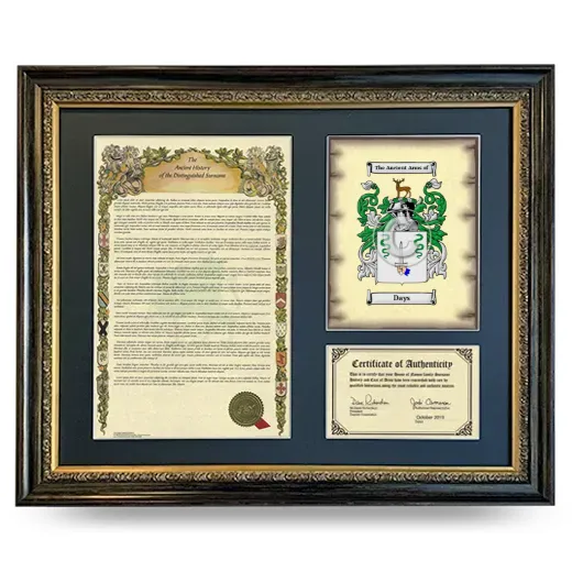Days Framed Surname History and Coat of Arms- Heirloom