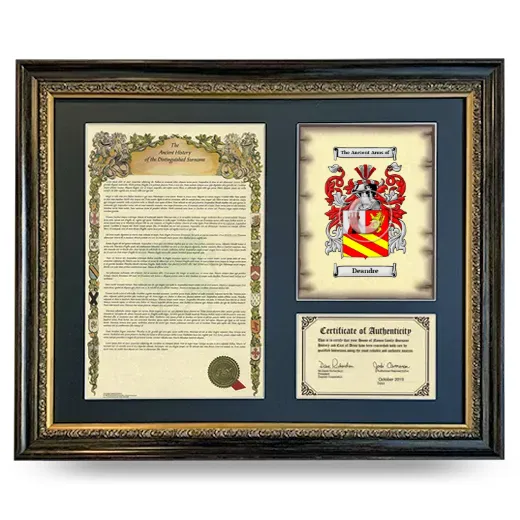 Deandre Framed Surname History and Coat of Arms- Heirloom