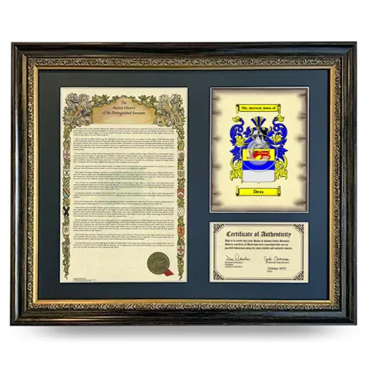 Dess Framed Surname History and Coat of Arms- Heirloom