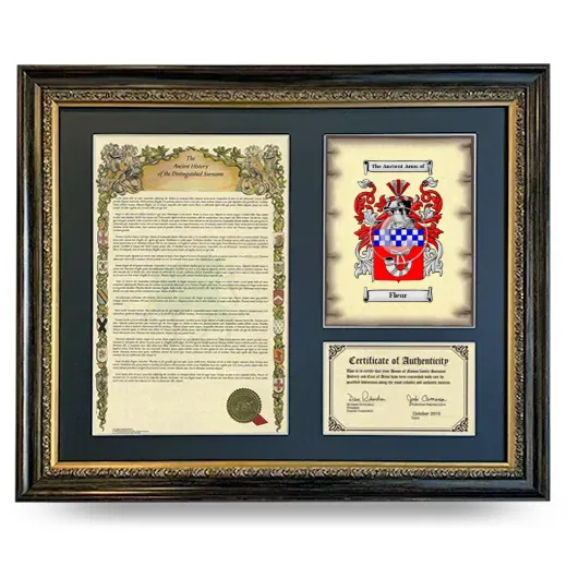 Fleur Framed Surname History and Coat of Arms- Heirloom