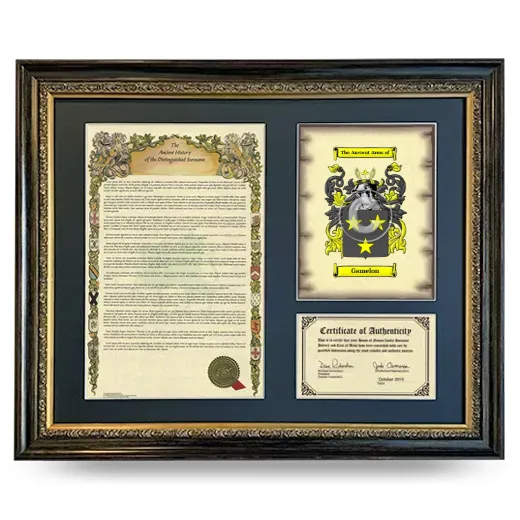 Gamelon Framed Surname History and Coat of Arms- Heirloom
