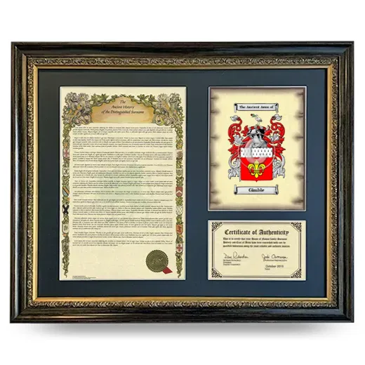 Gimble Framed Surname History and Coat of Arms- Heirloom