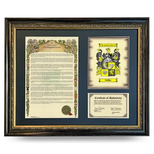 Hallier Framed Surname History and Coat of Arms- Heirloom