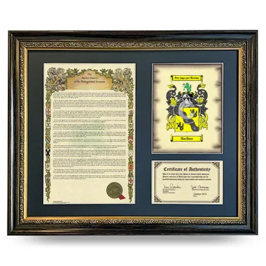 Harlian Framed Surname History and Coat of Arms- Heirloom