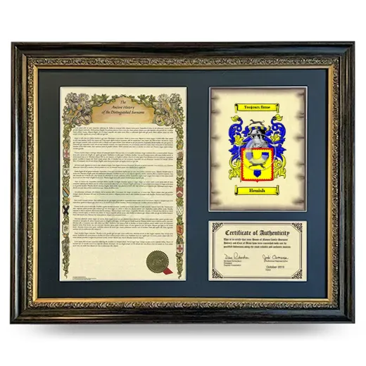 Henish Framed Surname History and Coat of Arms- Heirloom