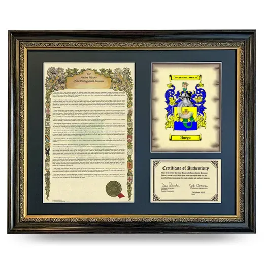 Huego Framed Surname History and Coat of Arms- Heirloom