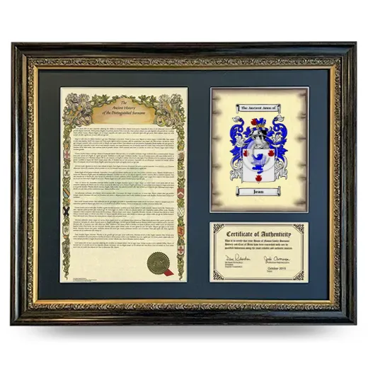 Jean Framed Surname History and Coat of Arms- Heirloom