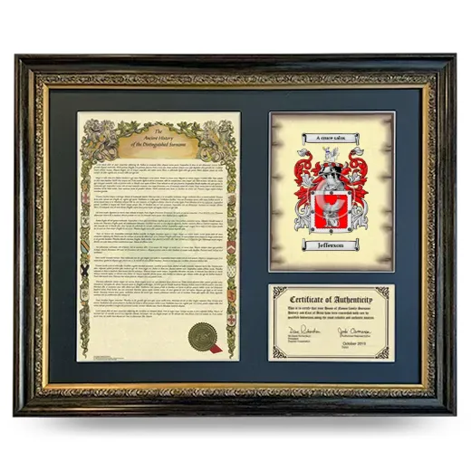 Jefferson Framed Surname History and Coat of Arms- Heirloom