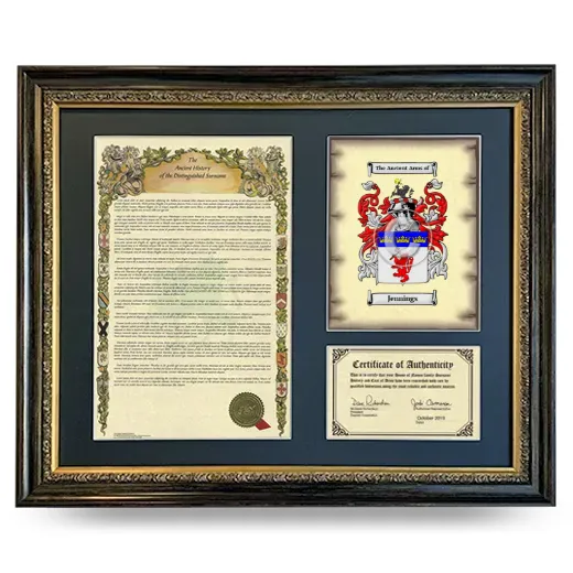 Jennings Framed Surname History and Coat of Arms- Heirloom