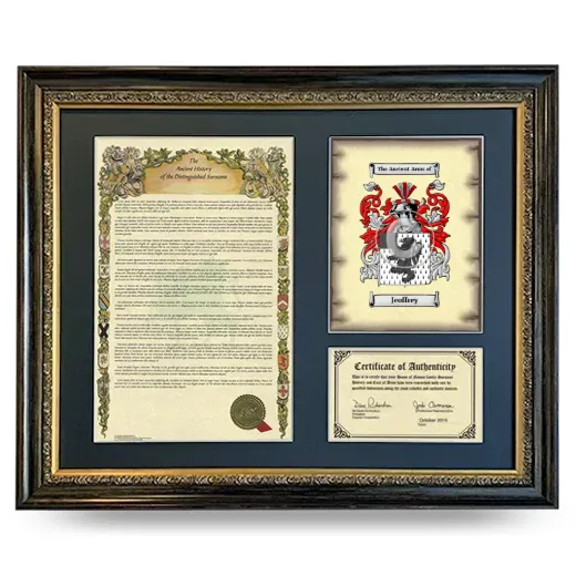 Jeoffrey Framed Surname History and Coat of Arms- Heirloom