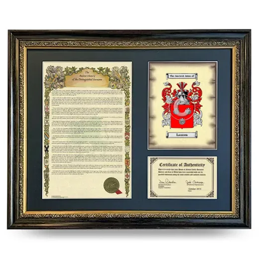 Lauren Framed Surname History and Coat of Arms- Heirloom