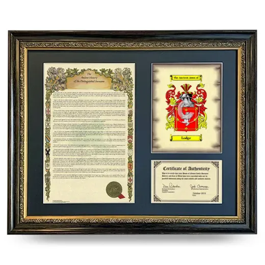 Lodge Framed Surname History and Coat of Arms- Heirloom