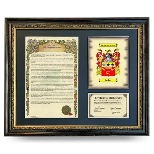 Lusher Framed Surname History and Coat of Arms- Heirloom
