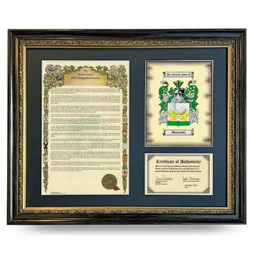 Maserati Framed Surname History and Coat of Arms- Heirloom
