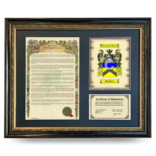 Mattheus Framed Surname History and Coat of Arms- Heirloom