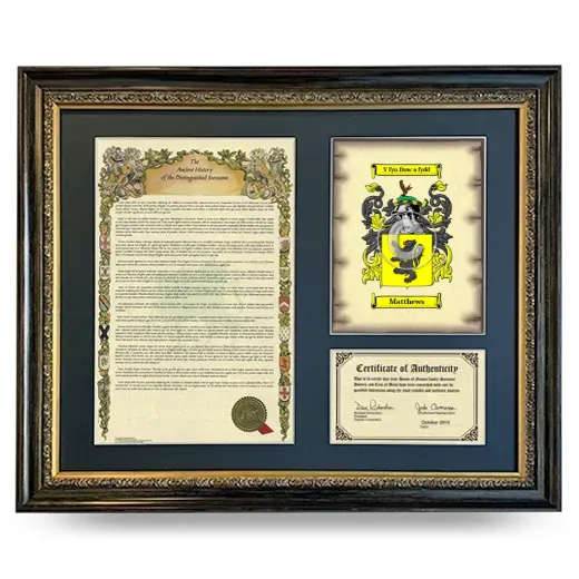 Matthews Framed Surname History and Coat of Arms- Heirloom