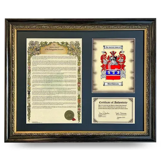 Matthiesen Framed Surname History and Coat of Arms- Heirloom