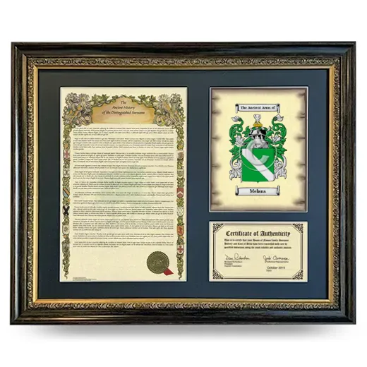 Melans Framed Surname History and Coat of Arms- Heirloom