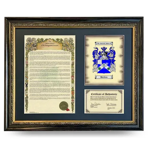 Meriton Framed Surname History and Coat of Arms- Heirloom