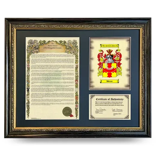Meron Framed Surname History and Coat of Arms- Heirloom
