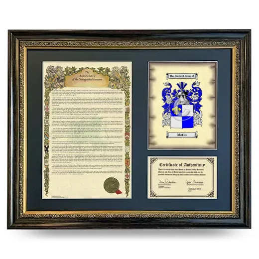 Metin Framed Surname History and Coat of Arms- Heirloom