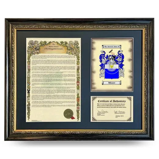 Minare Framed Surname History and Coat of Arms- Heirloom