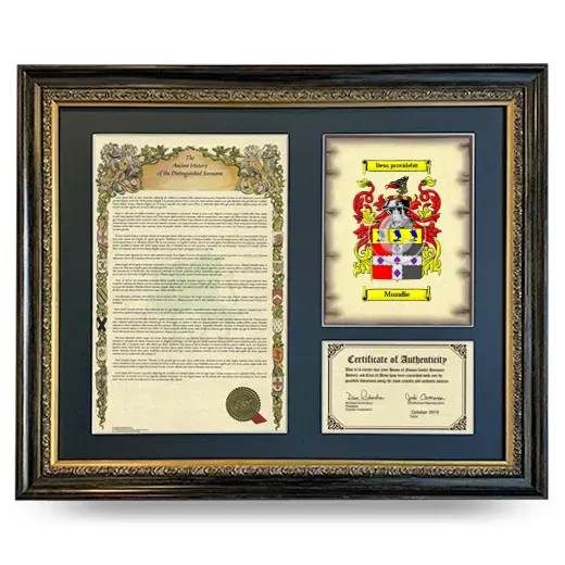 Mundie Framed Surname History and Coat of Arms- Heirloom