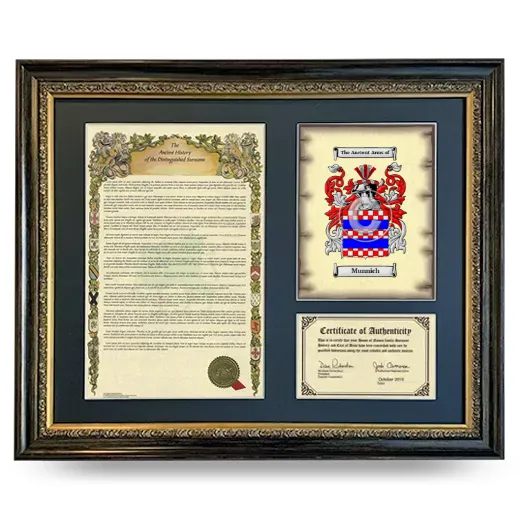 Munnich Framed Surname History and Coat of Arms- Heirloom