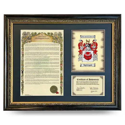 Nightingale Framed Surname History and Coat of Arms- Heirloom