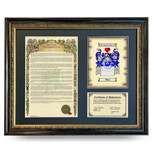 Okay Framed Surname History and Coat of Arms- Heirloom