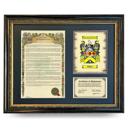 Oldham Framed Surname History and Coat of Arms- Heirloom