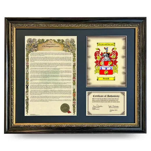Pecock Framed Surname History and Coat of Arms- Heirloom
