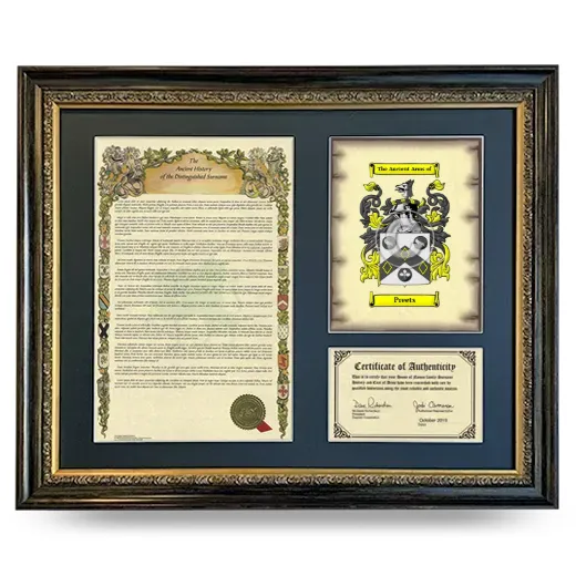 Preets Framed Surname History and Coat of Arms- Heirloom