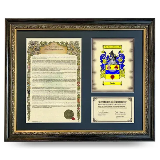 Prein Framed Surname History and Coat of Arms- Heirloom