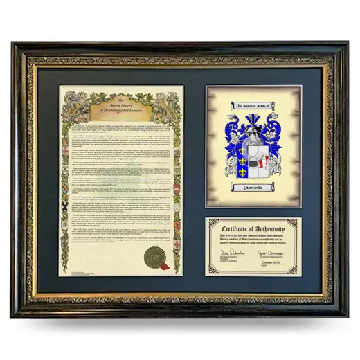 Quevedo Framed Surname History and Coat of Arms- Heirloom