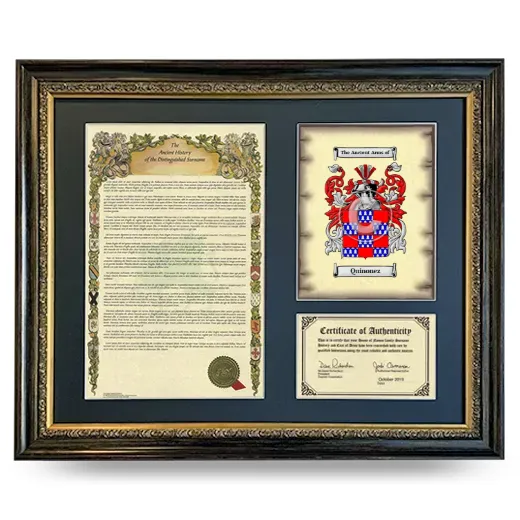 Quinonez Framed Surname History and Coat of Arms- Heirloom