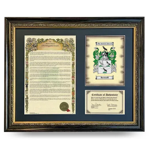 Ravenell Framed Surname History and Coat of Arms- Heirloom