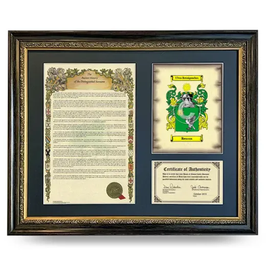 Remus Framed Surname History and Coat of Arms- Heirloom