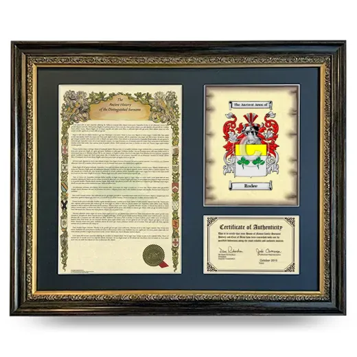 Rodee Framed Surname History and Coat of Arms- Heirloom