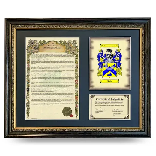 Rolo Framed Surname History and Coat of Arms- Heirloom