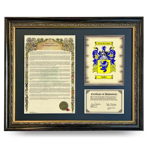 Sadler Framed Surname History and Coat of Arms- Heirloom