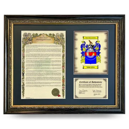 Saint john Framed Surname History and Coat of Arms- Heirloom