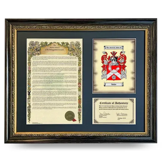 Saire Framed Surname History and Coat of Arms- Heirloom