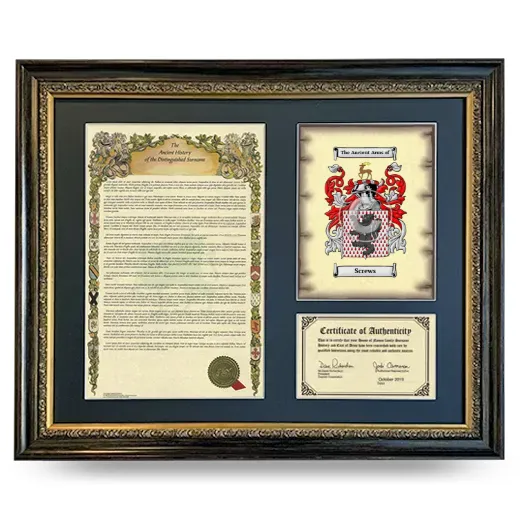 Screws Framed Surname History and Coat of Arms- Heirloom