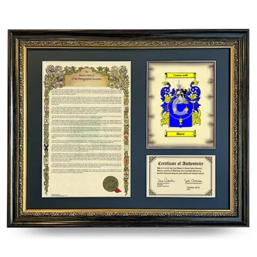 Shew Framed Surname History and Coat of Arms- Heirloom