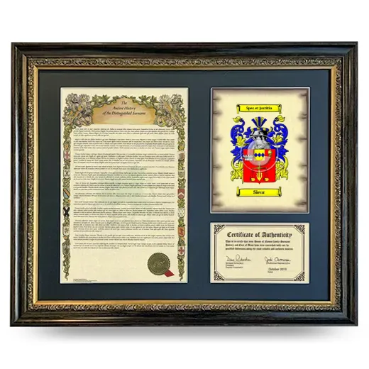 Sieur Framed Surname History and Coat of Arms- Heirloom